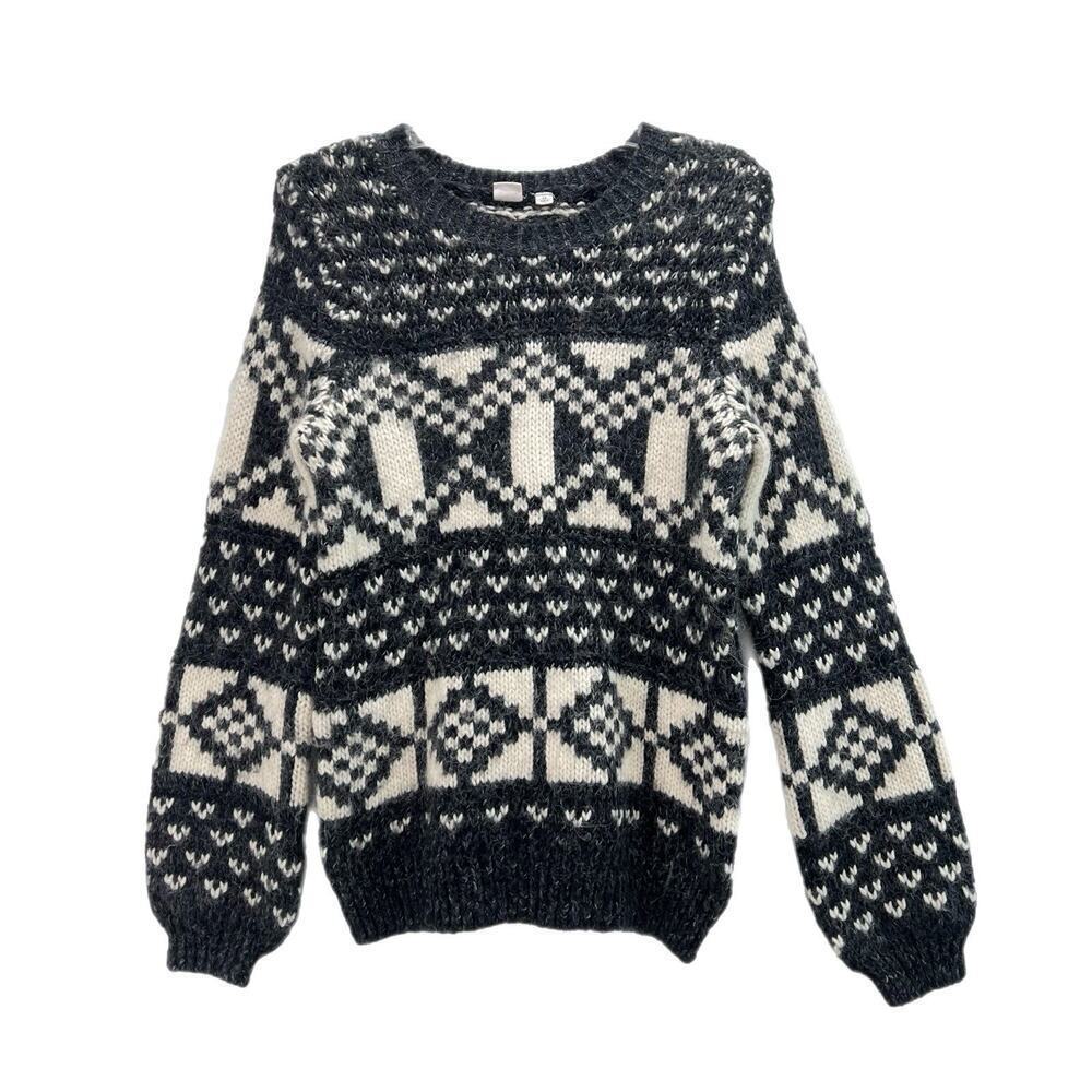 GAP Fair Isle Knit Sweater Women XS Gray White Alpaca Wool Acrylic Blend Crew